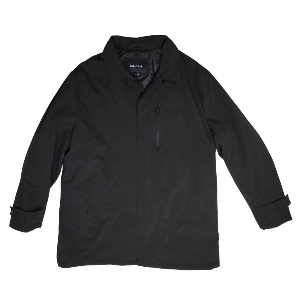 Haggar Mens Black Stretch Car Coat Jacket XL Hidden Button Front Mid Length